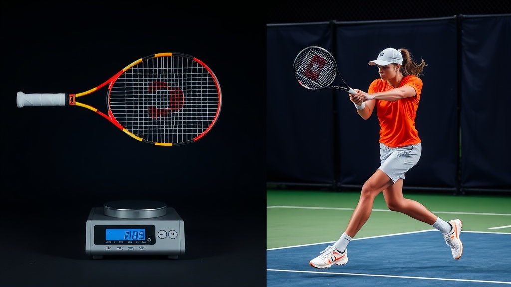 테니스 라켓을 저울에 측정하는 모습과 실제로 스윙하는 동작을 비교하는 이미지