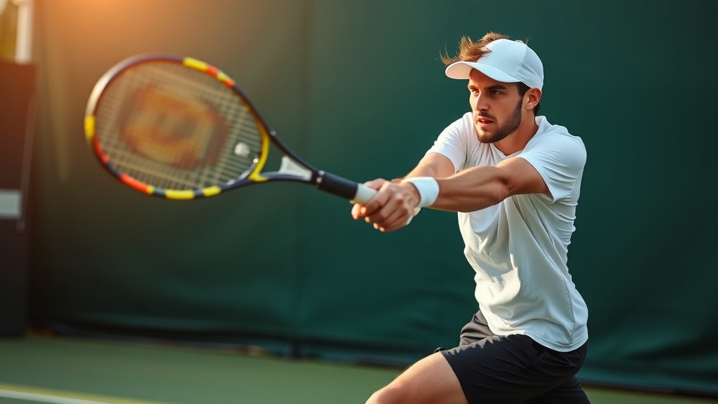 테니스 코트 베이스라인에서 강력한 포핸드 스트로크를 구사하며 라켓의 원심력을 활용하는 선수의 역동적인 모습