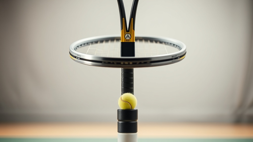 테니스 라켓의 정확한 밸런스 포인트를 측정하기 위해 얇은 지지대 위에 라켓 목 부분을 올려놓고 수평을 맞추는 모습