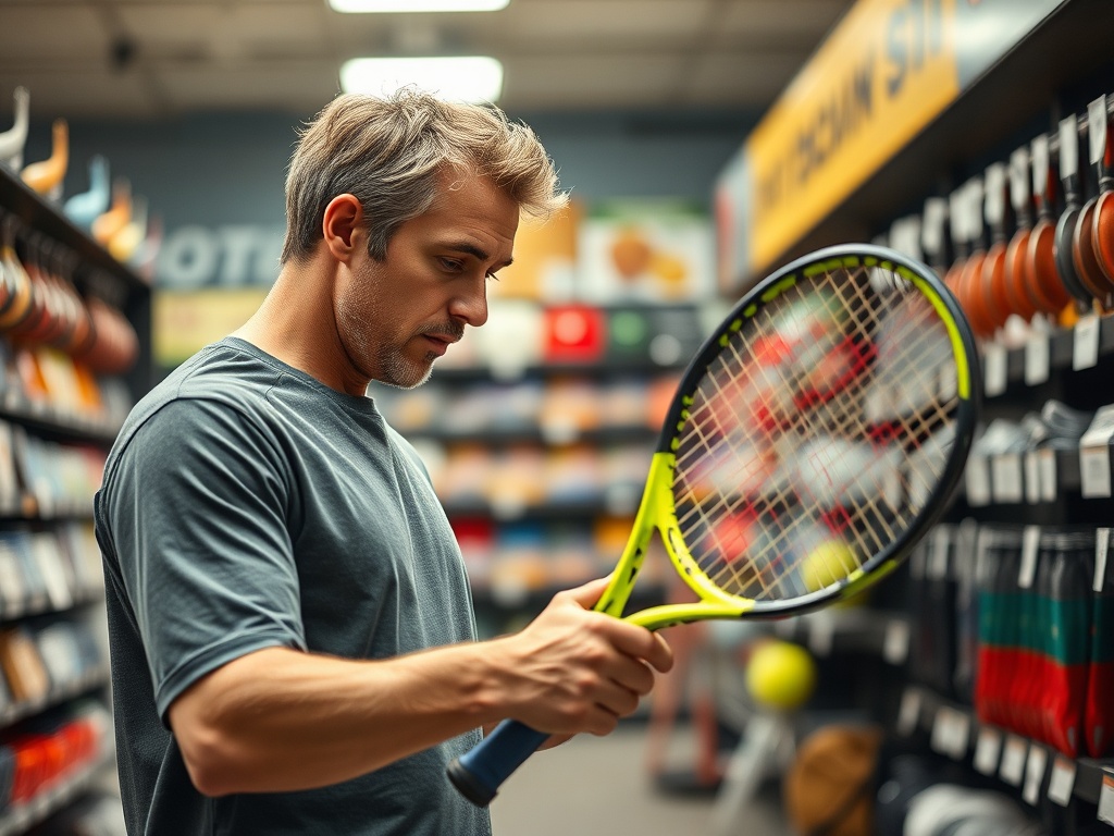 스포츠 용품점에서 다양한 테니스 라켓을 직접 들어보고 스윙 모션을 취하며 자신의 플레이 스타일에 맞는 라켓을 신중하게 고르는 동호인의 모습