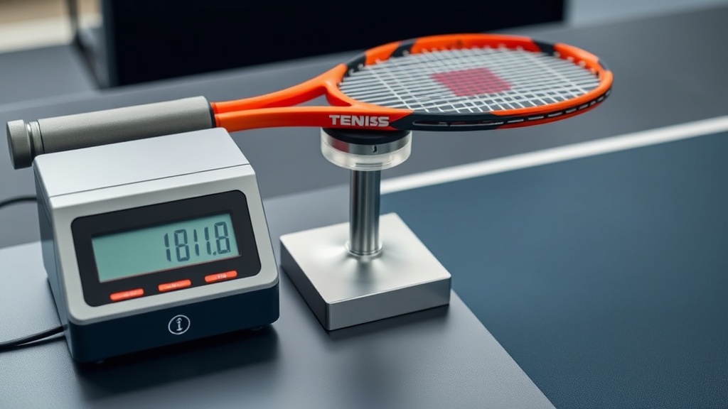정밀 저울과 밸런스 보드를 사용하여 테니스 라켓의 스윙웨이트와 균형점을 측정하는 전문적인 장비의 모습